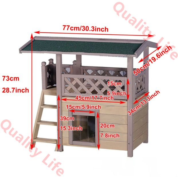 猫 ハウス 屋外用 防水 防寒 キャットハウス 2階建て ドアカーテン付き 猫の家 木製で耐候性に優れている 屋外用野良猫シェルター Size 77x50x73cm