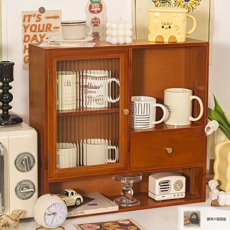 木製収納キャビネット ヴィンテージ レトロ調 アンティーク 卓上 収納ボックス 引き出し ガラス扉 多機能 大容量 小物文具収納 デスクトップ収納 フィギュア収納 カフェ風インテリア5-173