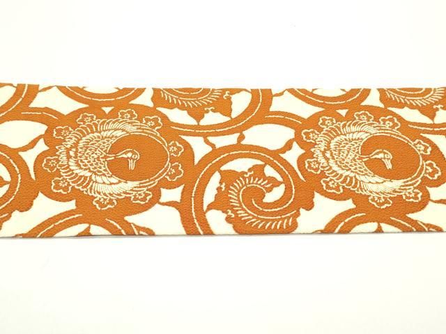 平和屋着物○全通柄九寸名古屋帯 型染め 鶴 亀 花唐草文 鬼しぼ縮緬