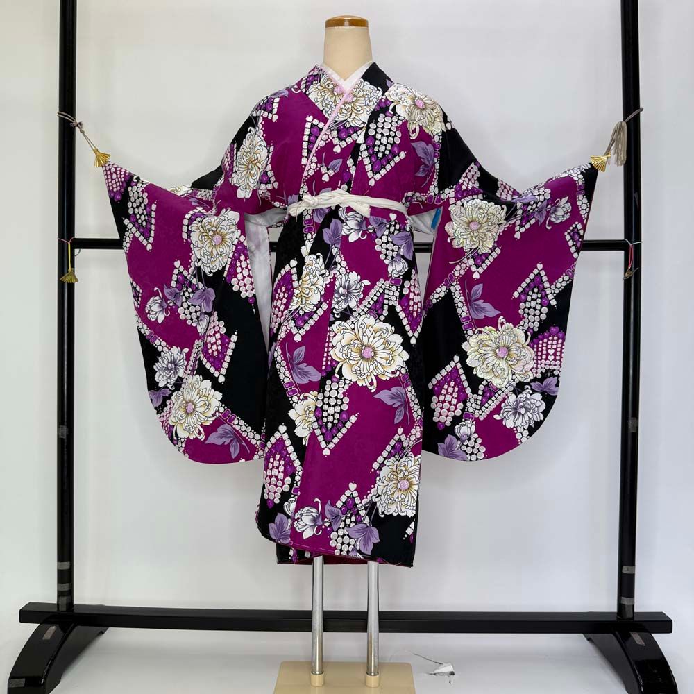 二尺袖 単品 卒業式着物 黒 紫 裄67cm Lサイズ 袴用着物 化繊 4675