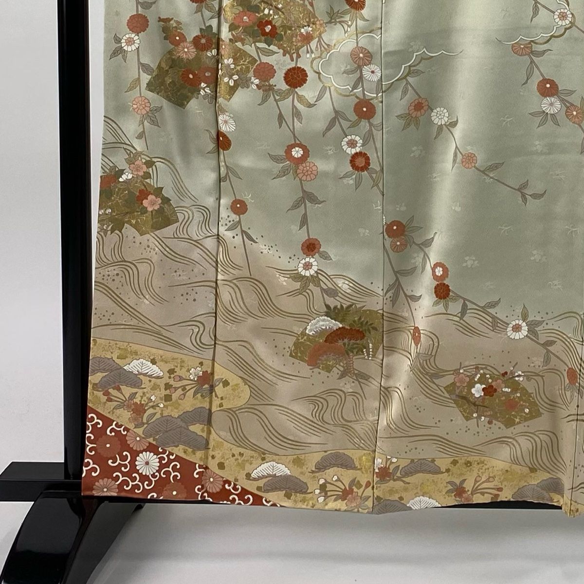 訪問着 身丈161cm 裄丈64cm M 袷 扇面 菊 金彩 染め分け 灰緑 正絹 秀品