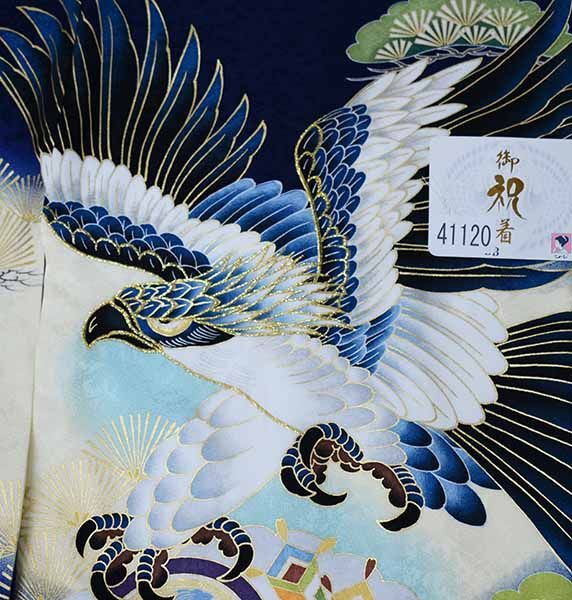 お宮参り 産着 のしめ 男児 正絹 金刺繍 豪華絢爛 紺地 鷹 NO41120 お宮参り 産着 のしめ 男児 男の子 正絹 綸子地 豪華絢爛 金刺繍