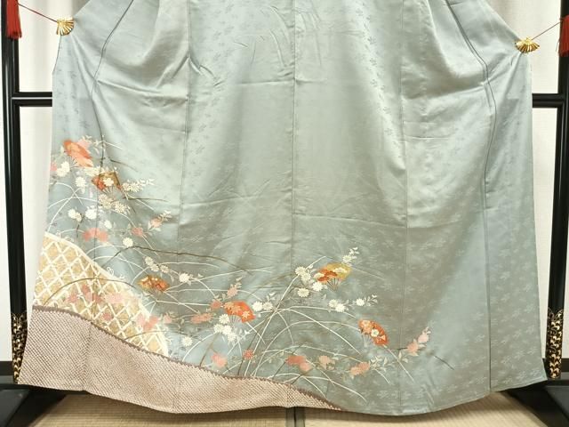平和屋着物▽訪問着　単衣　駒刺繍　絞り　扇面花文　金彩　正絹　逸品　AAAW1406fy 平和屋着物▽訪問着 単衣 駒刺繍 絞り 扇面花文 金彩 正絹 逸品