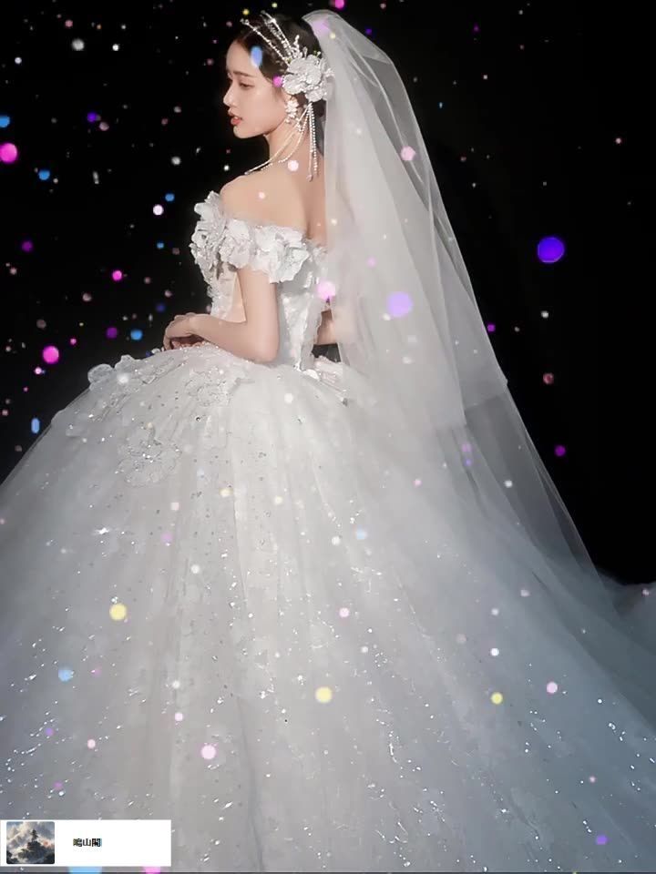 送料無料 フレンチライトウェディングドレス 一字肩Vネック 感あふれる重厚なロングトレーン 夏用-8.13LYC680夏の新生活