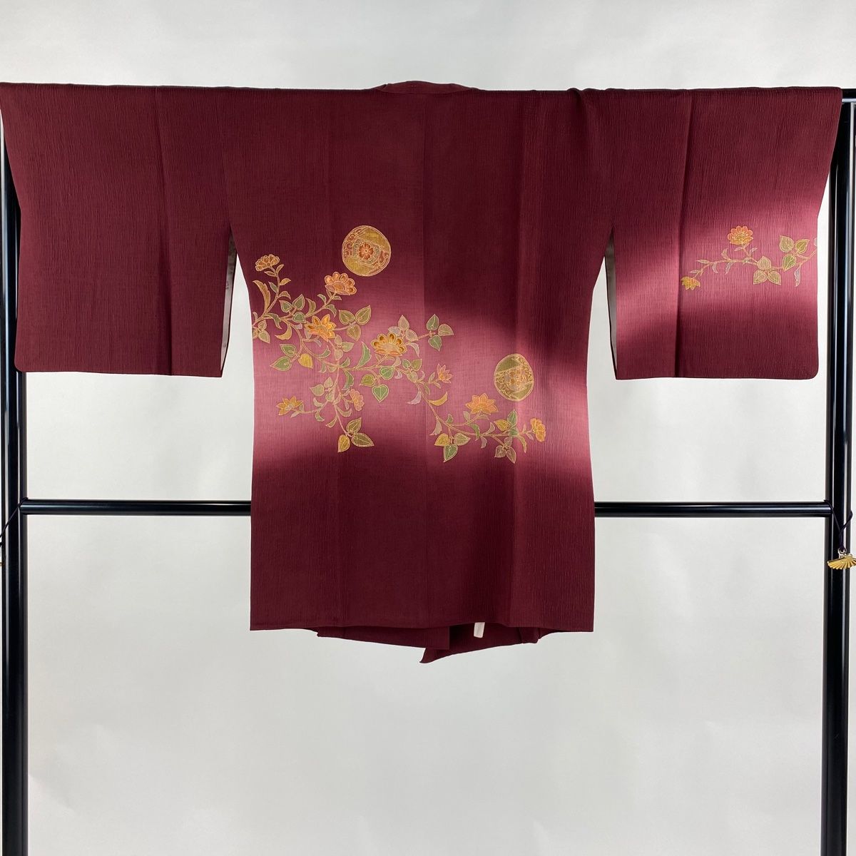 道行 身丈87cm 裄丈66cm M 和装コート 草花 鞠 金彩 小豆色 正絹 秀品