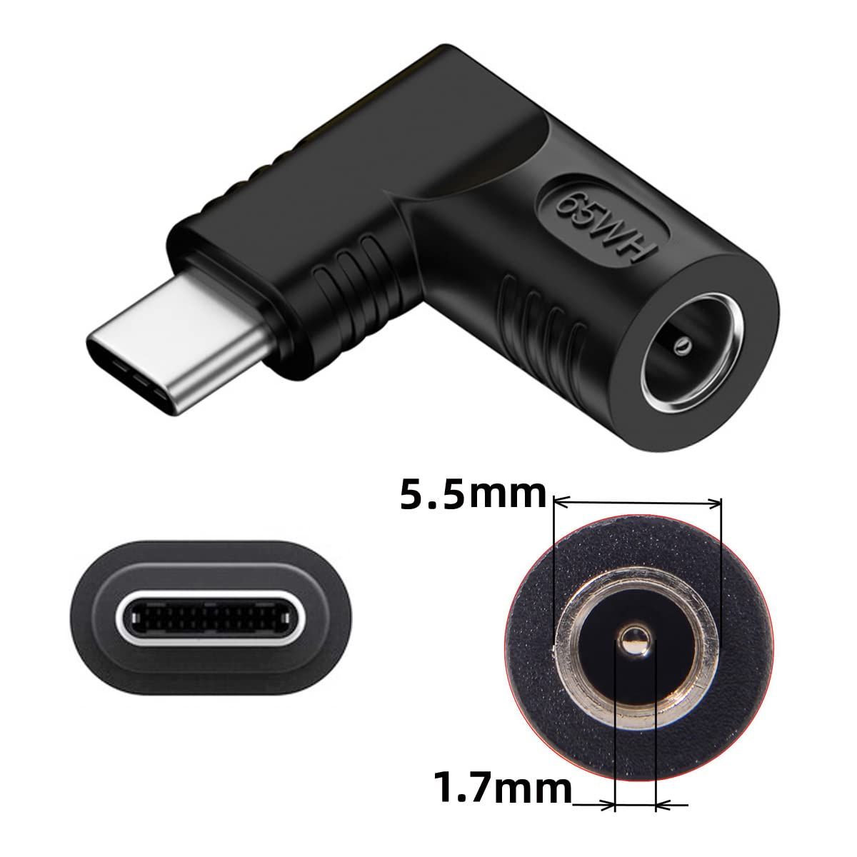 新品 CYアダプターDC 20 Vジャック5.5 x 1.7 mm入力USB-C Type-C出力90度直角電源プラグ充電アダプター65 W
