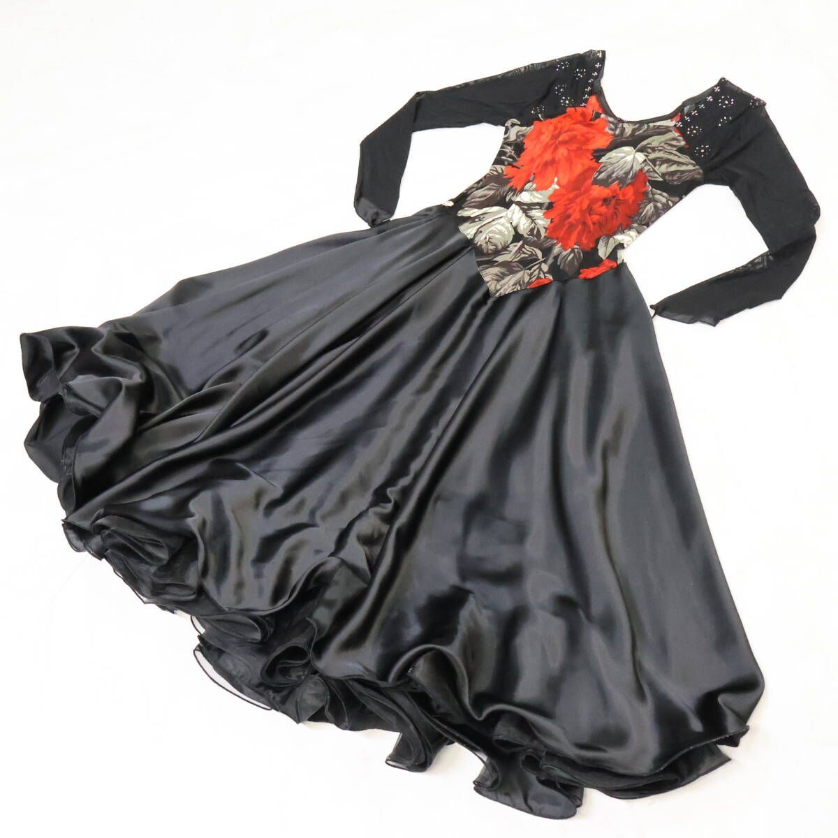 美品 社交ダンス衣装】ブラック ワンピース ドレス 黒 光沢 赤 レッド