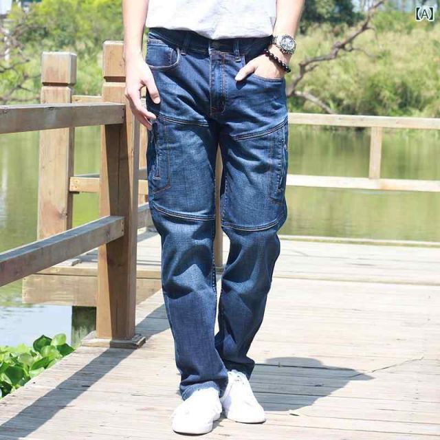 [5XL]メンズ ファッション 服 男性用 オシャレ シンプル 大人 かっこいい ストリート アメリカン ウォッシュ加工 ジーンズ ポケット 複数 ステッチ入り ストレート ゴム カジュアル 大きいサ