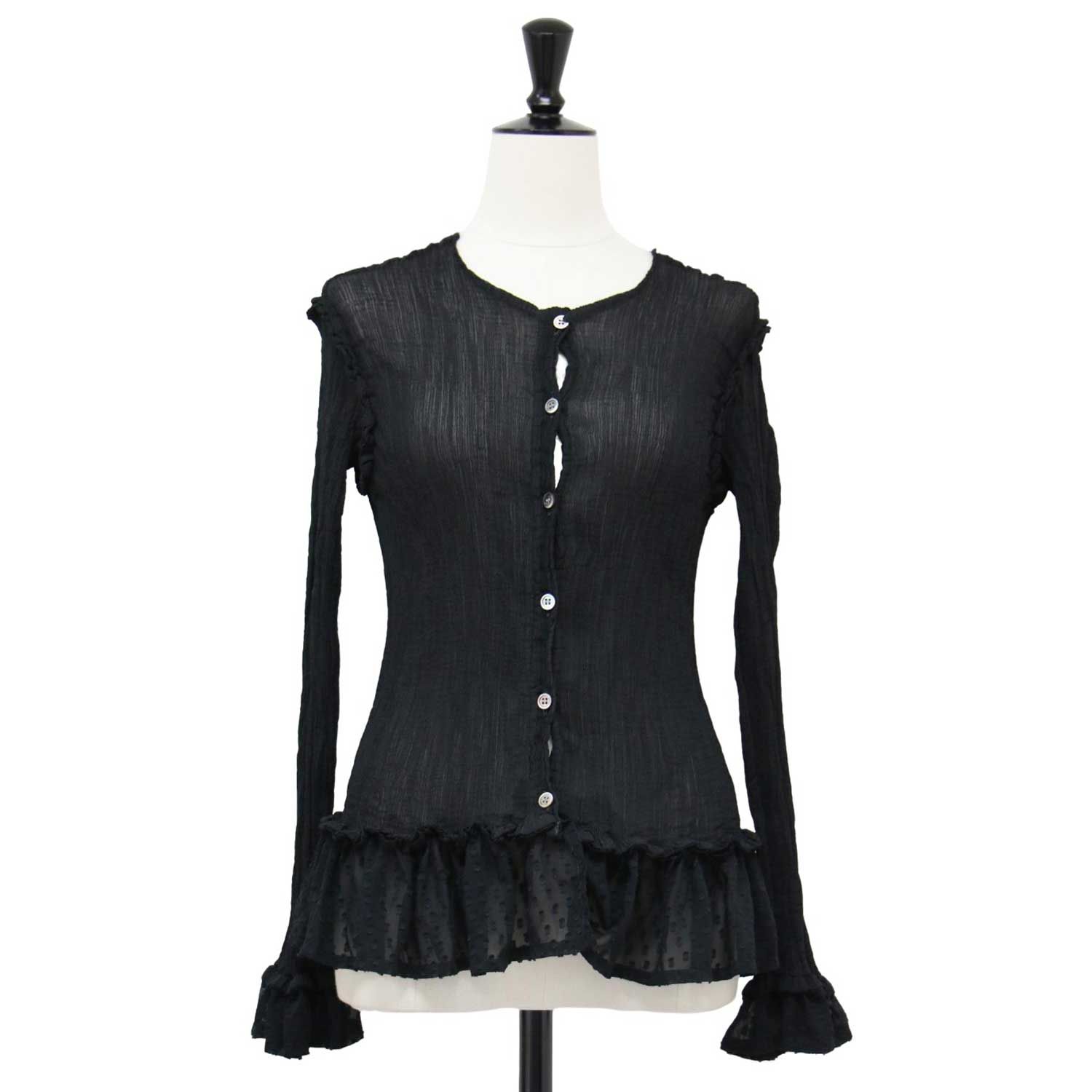 イッセイミヤケ　プリーツプリーズ　フリル付き黒ショールカーディガン　羽織り イッセイミヤケ プリーツプリーズ フリル付き黒ショールカーディガン