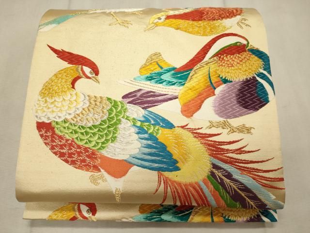 SO-536 袋帯 六通 正絹 石摺唐糸 人 動物 植物 ハイセンス 逸品 平和屋着物◎六通柄袋帯 唐織 群れ鳥 金銀糸 正絹 逸品