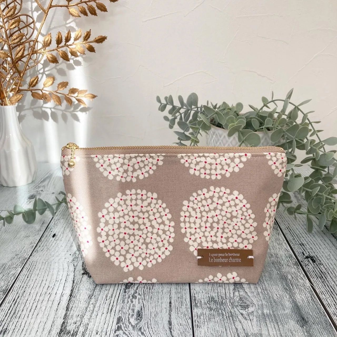 ハンドメイド 北欧柄 サークルフラワー ファスナーポーチ コスメポーチ  