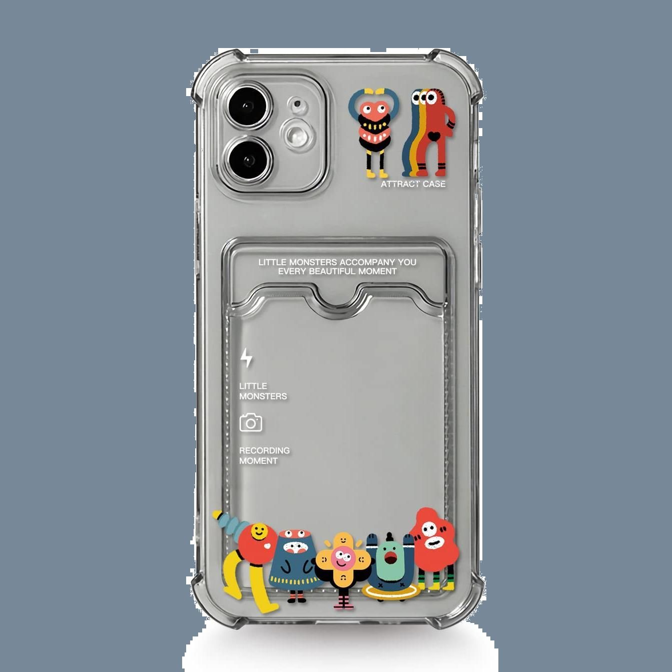 新品，お得 【人気商品】Attract スマホケース 対応 iphone 12 用 ケース case 透明 可愛い ポケット付き 背面収納 アイフォン ケース 小怪物 アイフォン カバー おもしろ 怪獣ちゃん かわいい カード収納 かっ その他