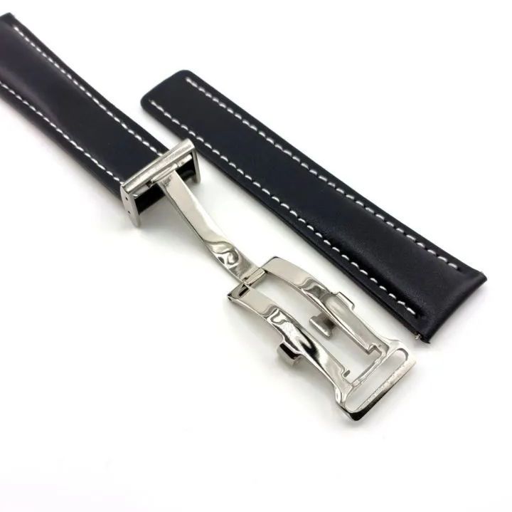 24mm 腕時計 レザー 革ベルト スムースブラック×ホワイトステッチ D
