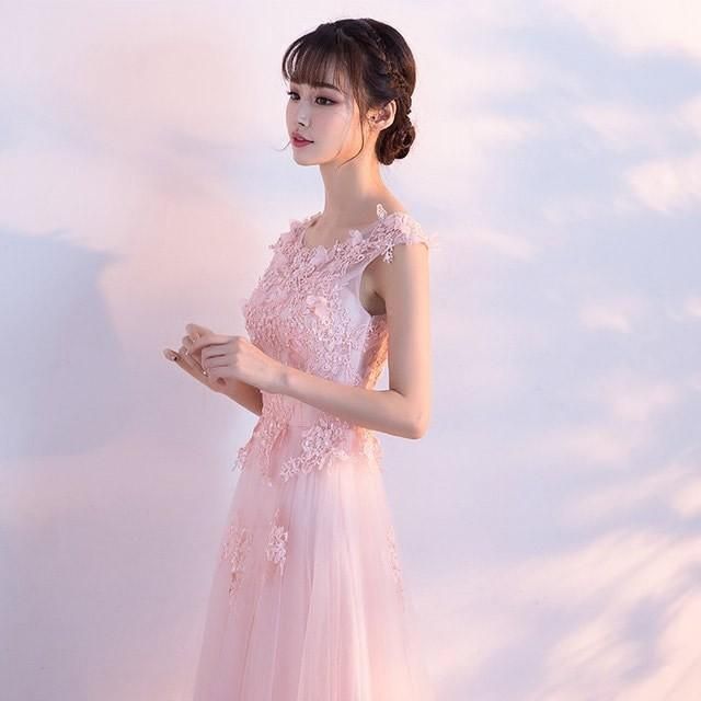 チュールドレス ノースリーブ ピンク 花柄 パール ロングドレス
