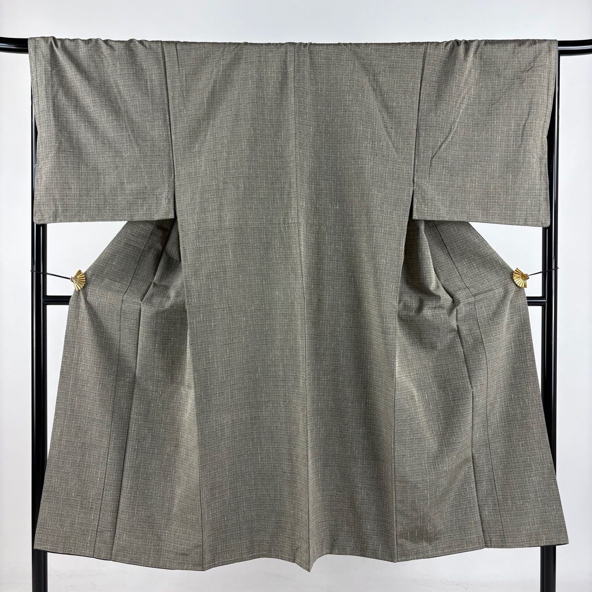 男着物 身丈138cm 裄丈68.5cm S 袷 紬 アンサンブル 生つむぎ 縞 灰緑 正絹 秀品