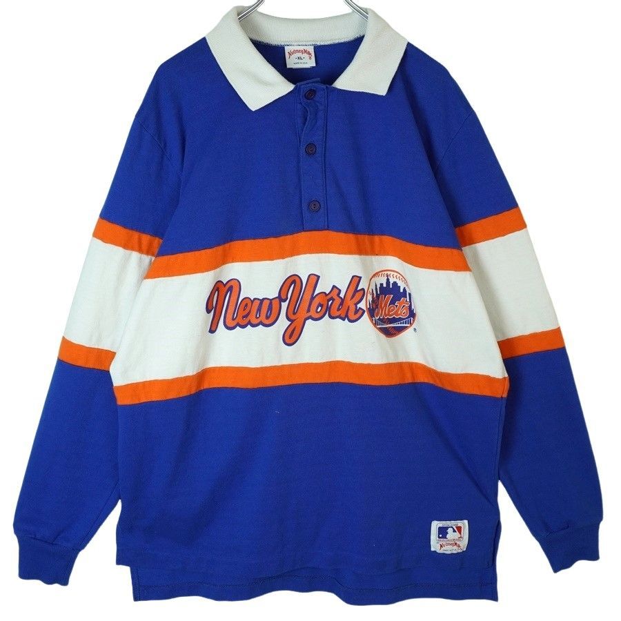 USA製Nutmeg MillsニューヨークメッツMLB長袖ポロシャツラガーシャツロンT野球ベースボールBASEBALLメジャーリーグNew York  Mets両面プリント#11ナンバリング青ブルー白ホワイトオレンジvintageヴィンテージ40328 - メルカリ