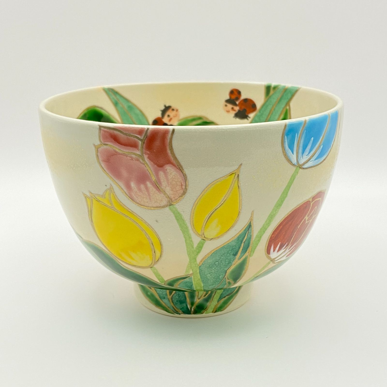 茶碗 色絵 チューリップ てんとう虫 加藤永山 紙箱入 茶道具 茶盌 茶器