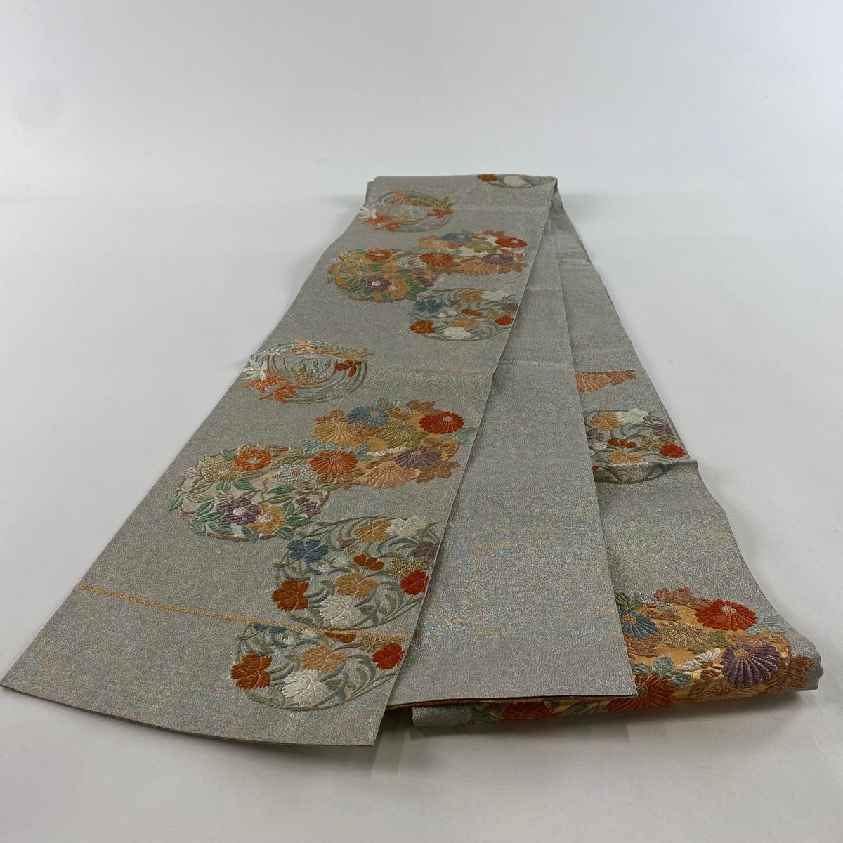 袋帯 美品 秀品 花丸文 唐織 箔 青灰色 六通 正絹 【中古
