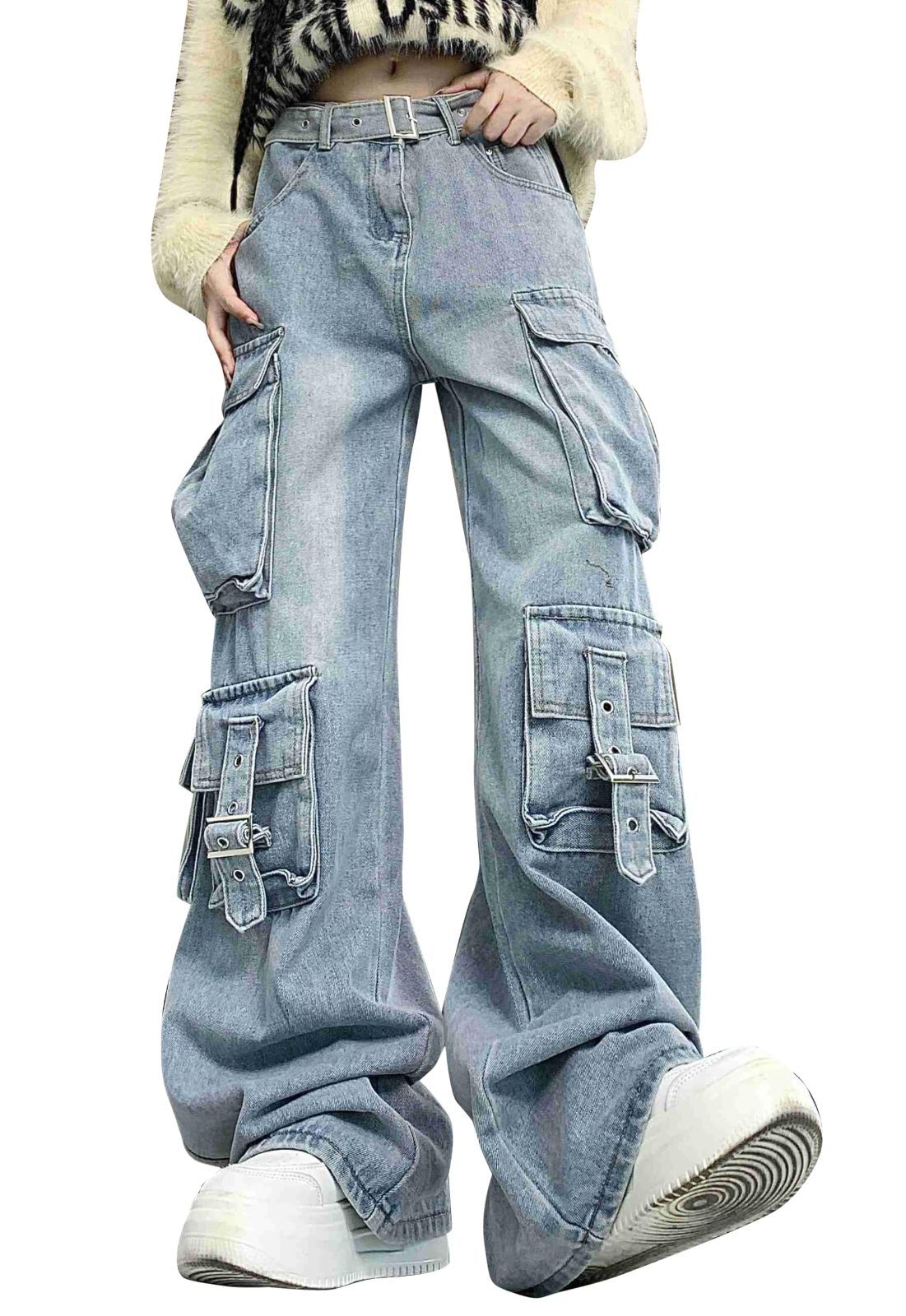 Size L_Color ブルー ＰＴＯＲＧＥ カーゴパンツ レディース デニムパンツ ロングパンツ デニム ワイドパンツ ガウチョパンツ ハイウエスト ポケット付き かっこいい ヒップホップ ゆったり 大きいサイズ 通勤 通学 デート 6ブルー