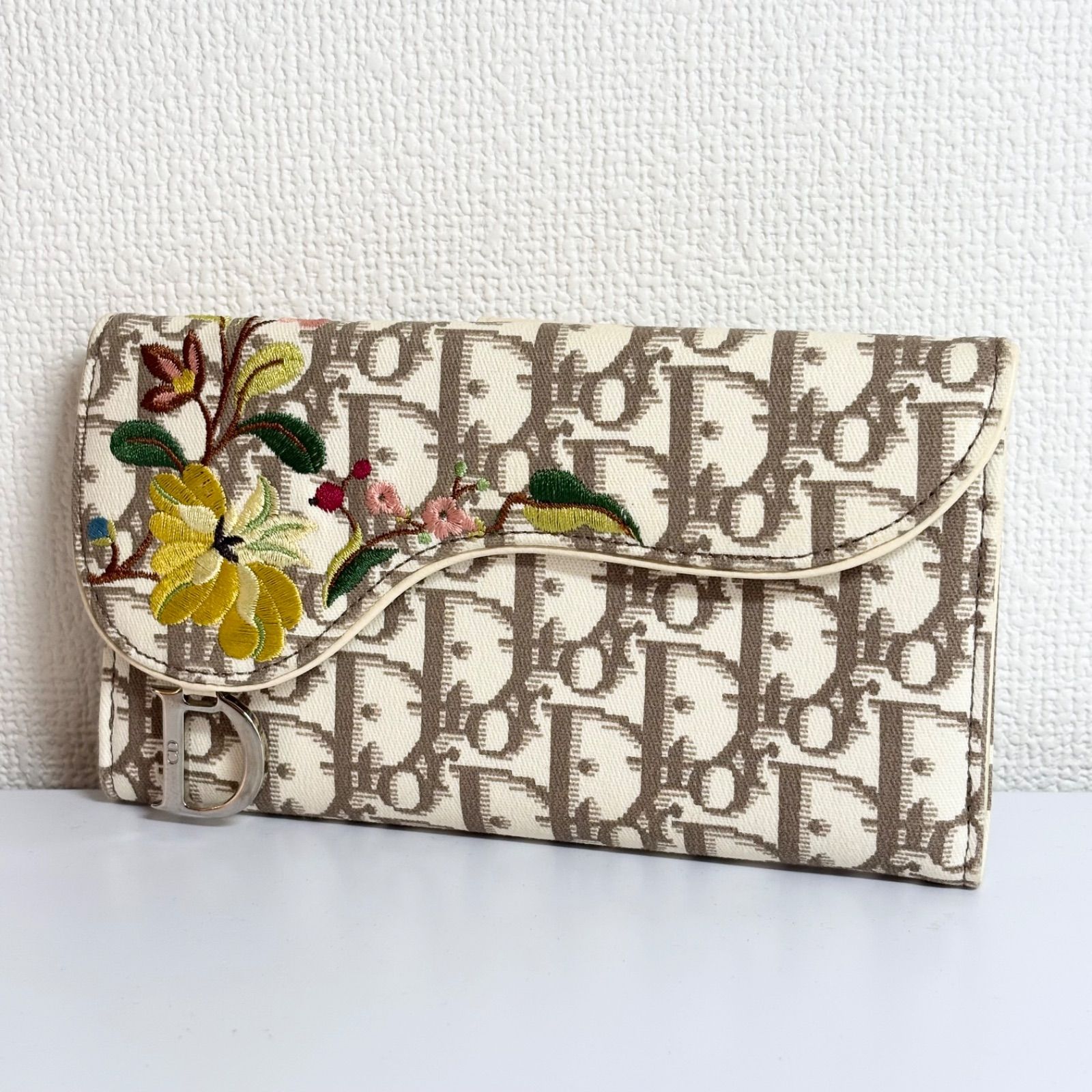 美品 DIOR ディオール サドル トロッター柄 花刺繍 二つ折り 長