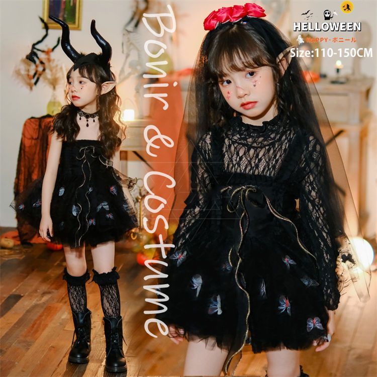 ハロウィン 仮装 女の子 魔女 黒 ハロウィーン衣装 コスプレ ワンピース パニエ付き ブラック 可愛い ミミ飾り付き 髪飾り キッズ コスチュ