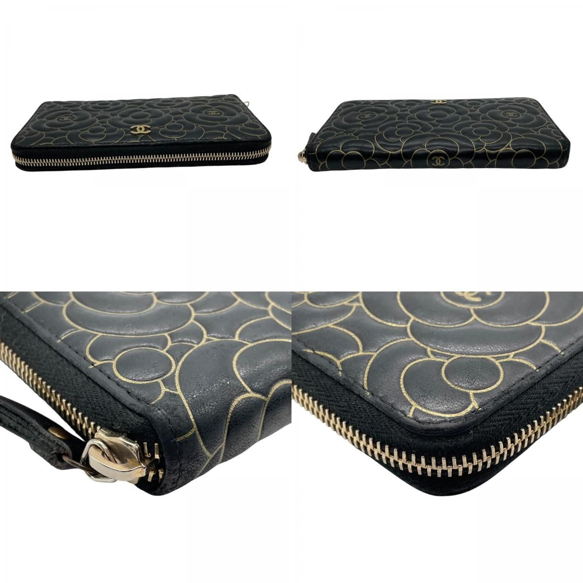 CHANEL 長財布 ラウンドファスナー カメリア ココマーク ロゴ入り レザー 美品 シャネル CHANEL カメリア ラウンドファスナー 長財布