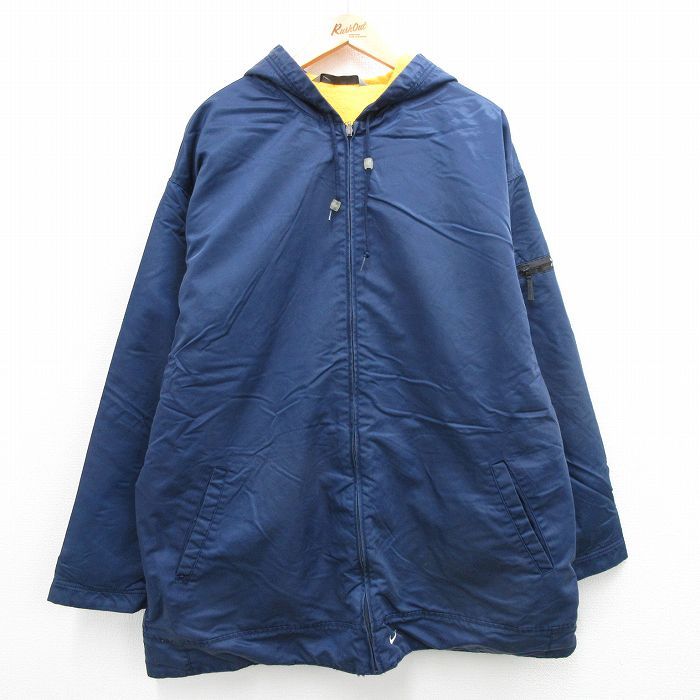 XL/古着 ナイキ NIKE 長袖 ナイロン ジャケット パーカー メンズ ワンポイントロゴ リバーシブル 大きいサイズ ロング丈 紺 ネイビー 23dec