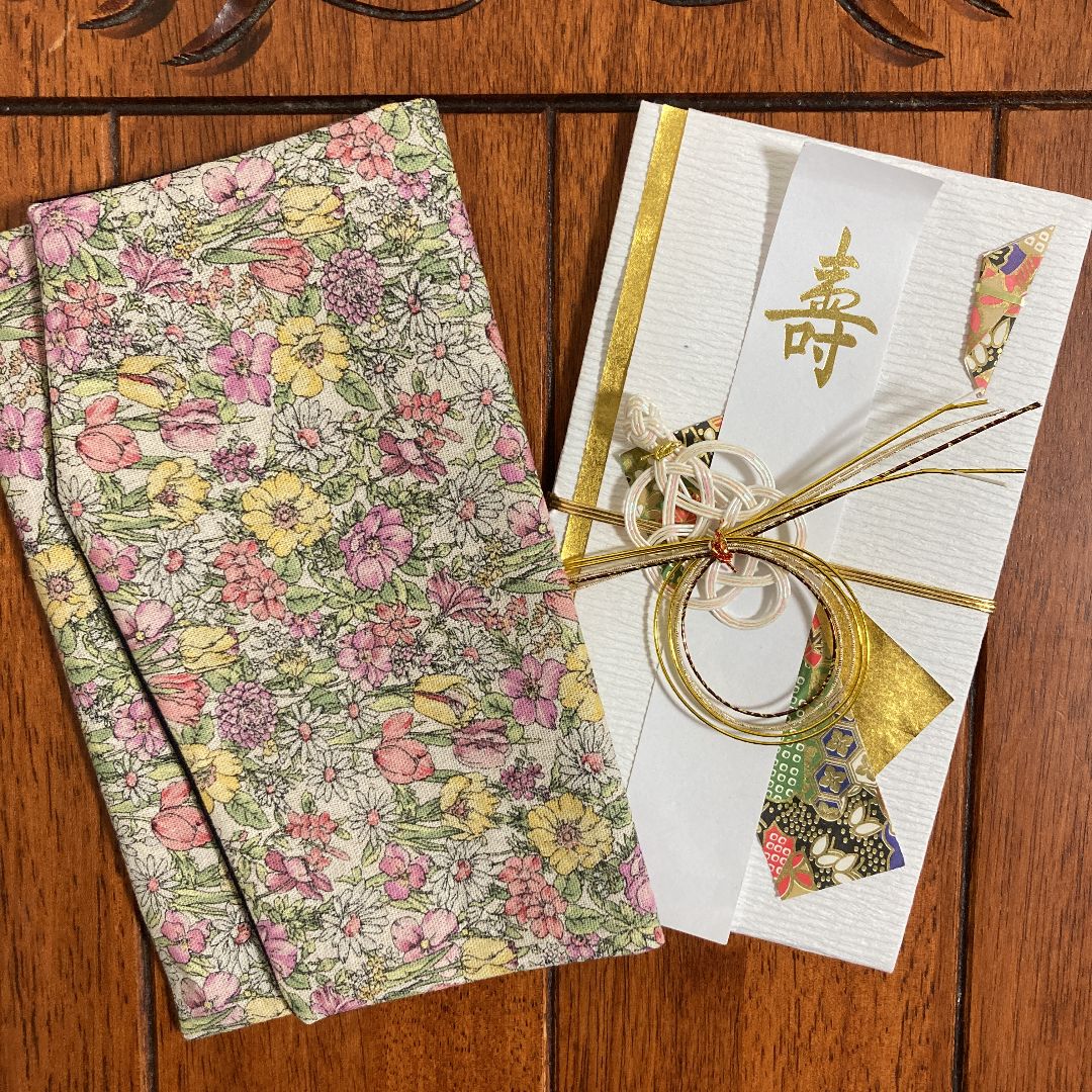 慶弔両用リバーシブルふくさ(生成り花柄×紺)☆ハンドメイド 結婚 