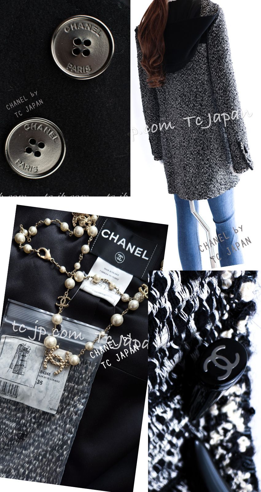 シャネル コート CHANEL ブラック 黒・グレー ウール シルク フード付き ロング ジャケット ダッフル 超美品 36 38