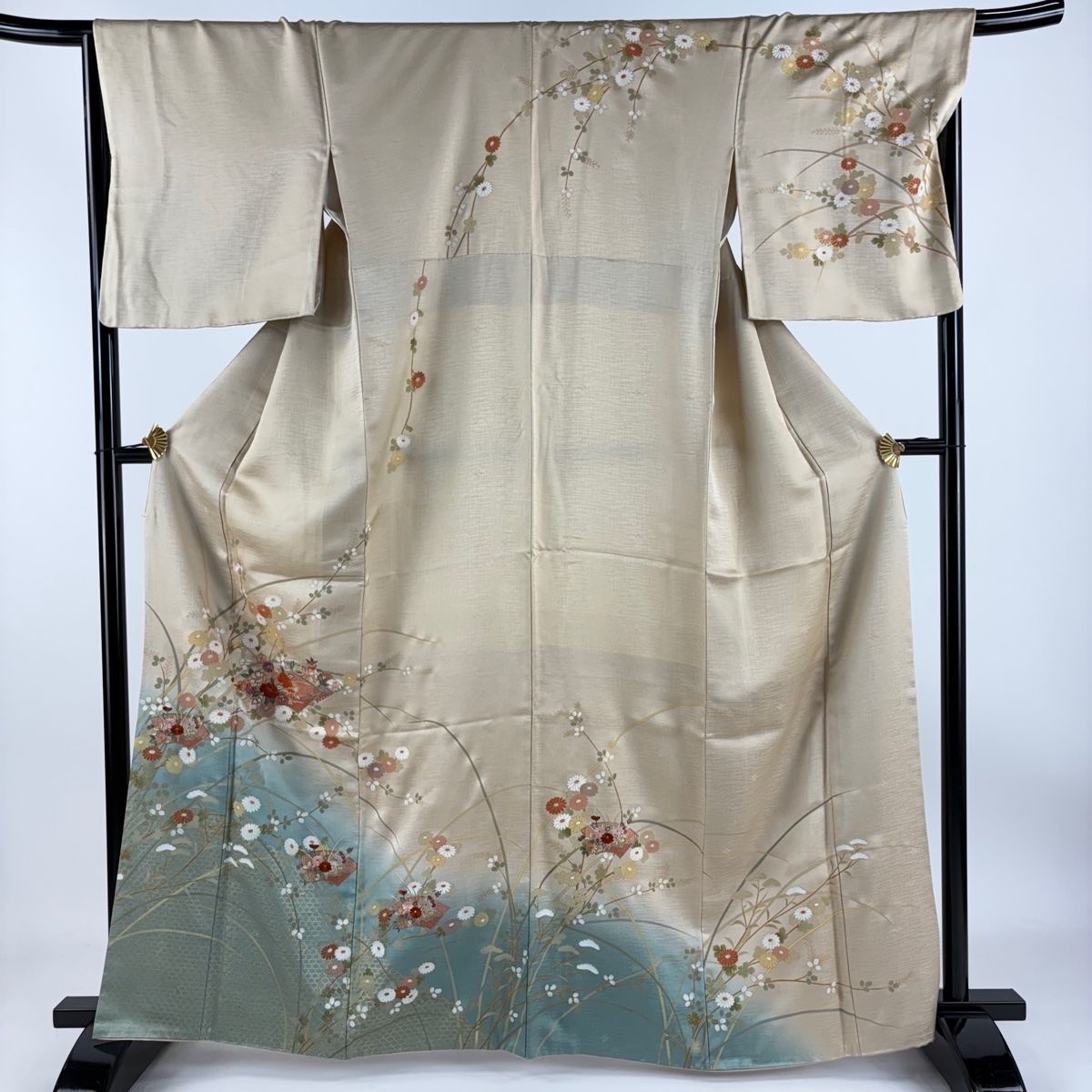 訪問着 身丈164cm 裄丈67cm M 袷 扇面 秋草 刺繍 金彩 ベージュ 正絹 秀品