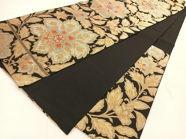 平和屋着物◎六通柄 本袋帯 唐織 更紗花唐草文 黒地 金銀糸 正絹