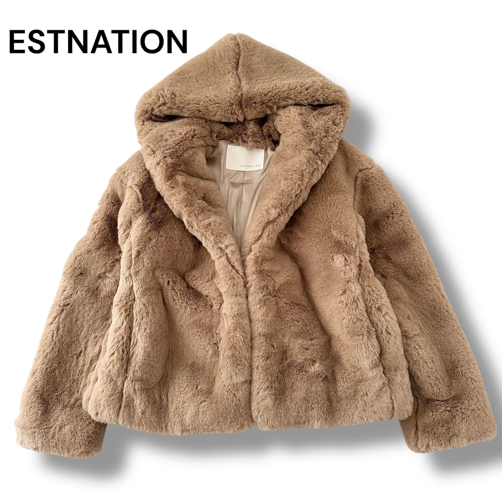 美品！エストネーション　フェイクファーコート　サイズ36 エストネーション フェイクファーコート フード アウター ベージュ S