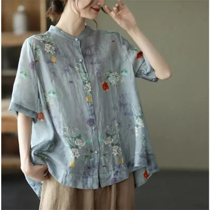 シャツブラウス シャツ レディース 半袖 40代 きれい 春夏 ブラウス ス Tシャツ 夏 刺繍 綿麻 リネン風 着心地 花柄 おしゃれ 夏シンプル tp00101.jpg