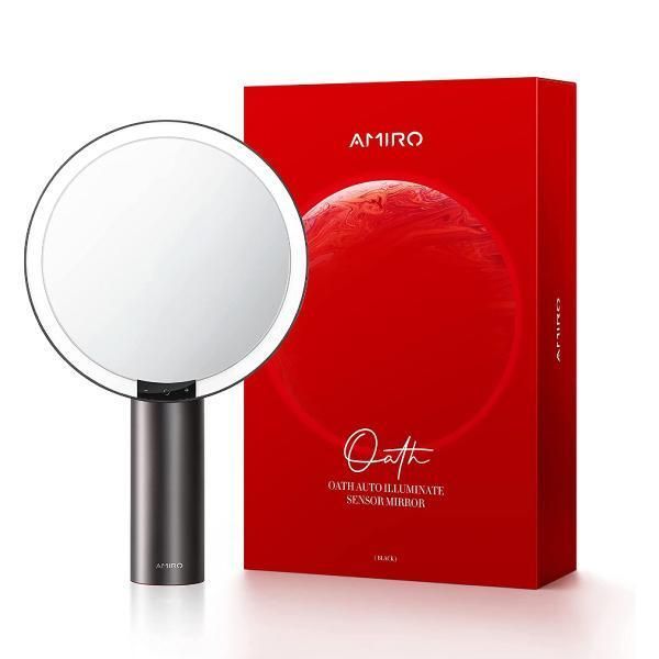 AMIRO Oath 女優ミラー 5倍拡大鏡 日光鏡 8インチ USB充電式 LEDライトミラー 自動点灯/消灯 人感センサー搭載 ブラック アミロ 