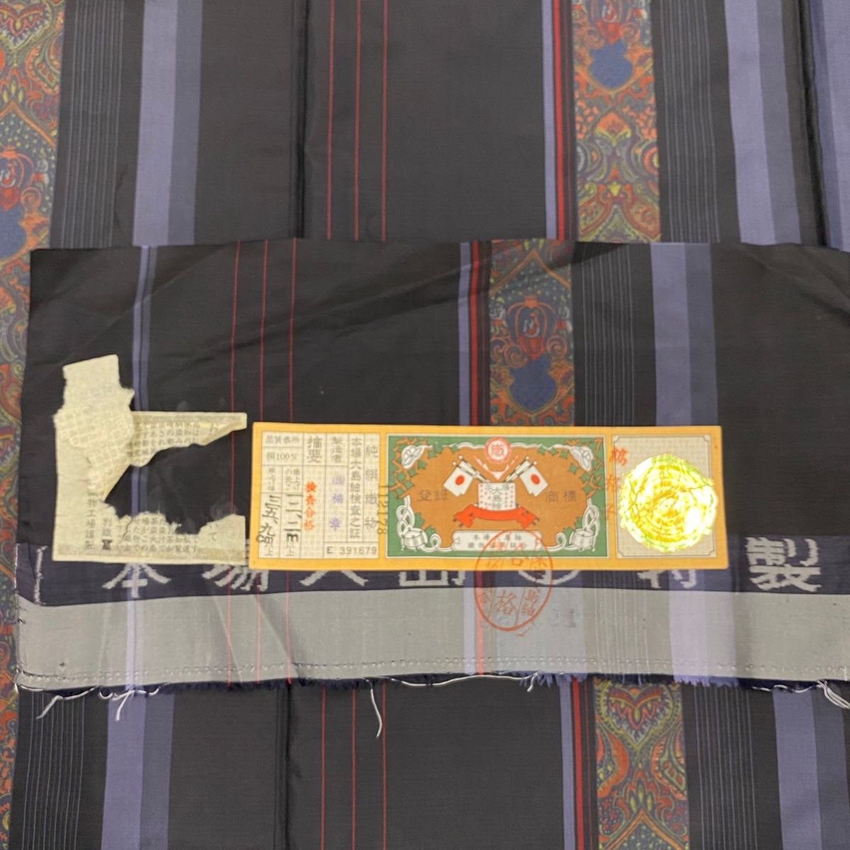 大島紬［袷］【裄 約67cm　身丈165cm】　正絹未使用 大島紬 身丈164.5cm 裄丈67cm M 袷 証紙 縦縞 幾何学 墨色 正絹