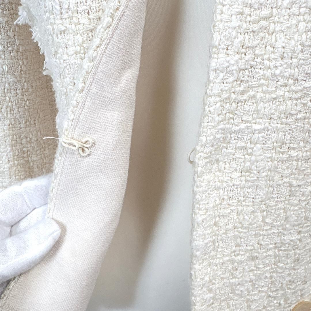 美品】 FOXEY ノーカラージャケット フック 38 オフホワイト ツイード