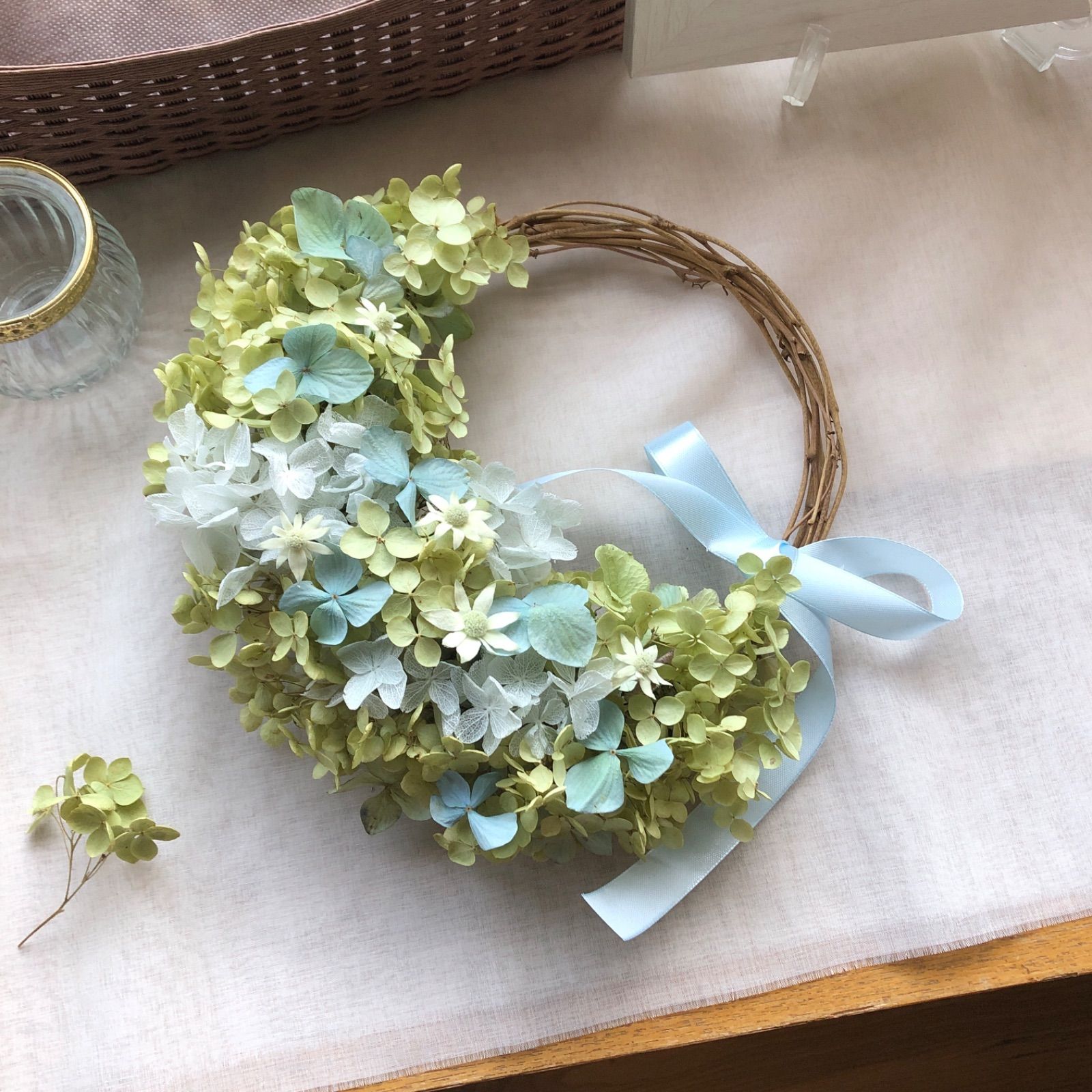Natural＊グリーンとブルー紫陽花のリース♡ドライフラワー