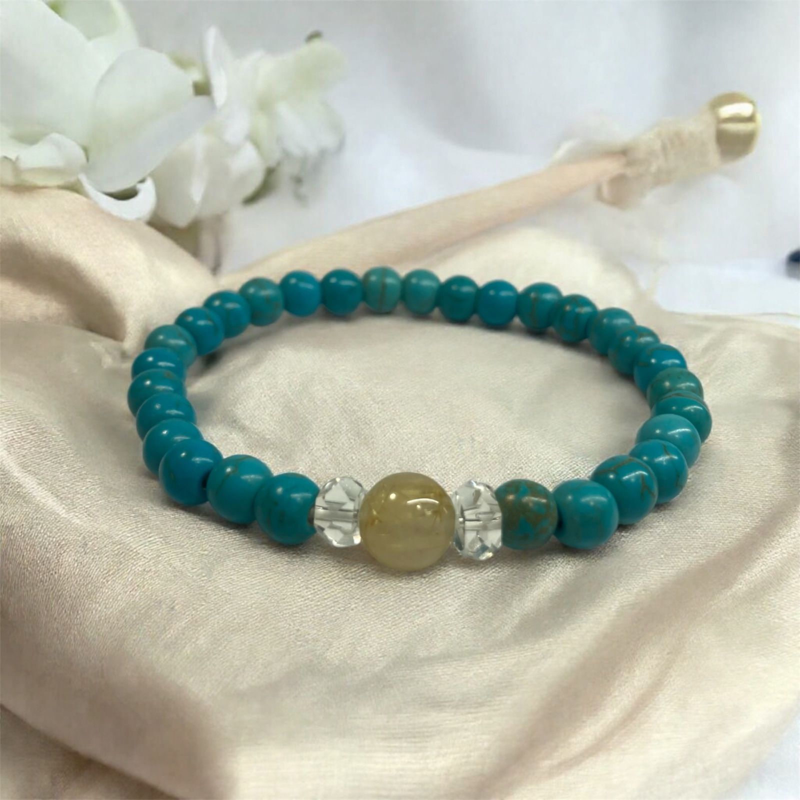 ルチルクォーツ -ターコイズ ブレスレット パワーストーン 8mm×6mm メンズ レディース 男性 女性 お守り ハンドメイド