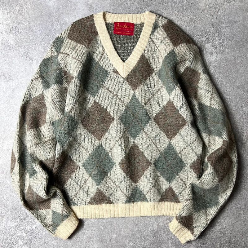 60s USA製 Jantzen アーガイル 総柄 25% モヘア ウール Vネック ニット 