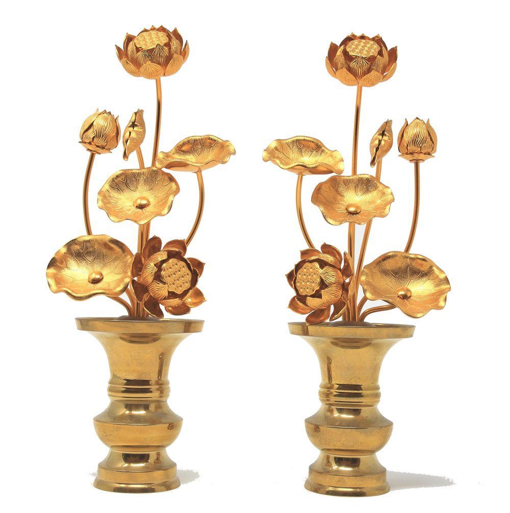 人気商品 花アルミ製 仏花 ２個セット 花瓶真鍮製 一対 7本立 5号 金色 花瓶付 常花セット