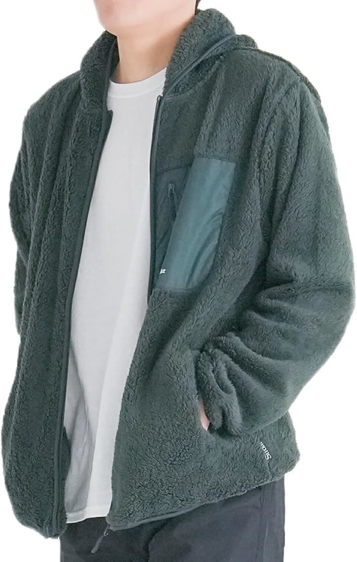 Y's factory もこもこ ボア フリース ジャケット メンズ ブルゾン コート 前開き ジップアップ 長袖 立ち襟 アウター アウトドア 秋冬 保温 防風(カーキ/パーカータイプ，  M)