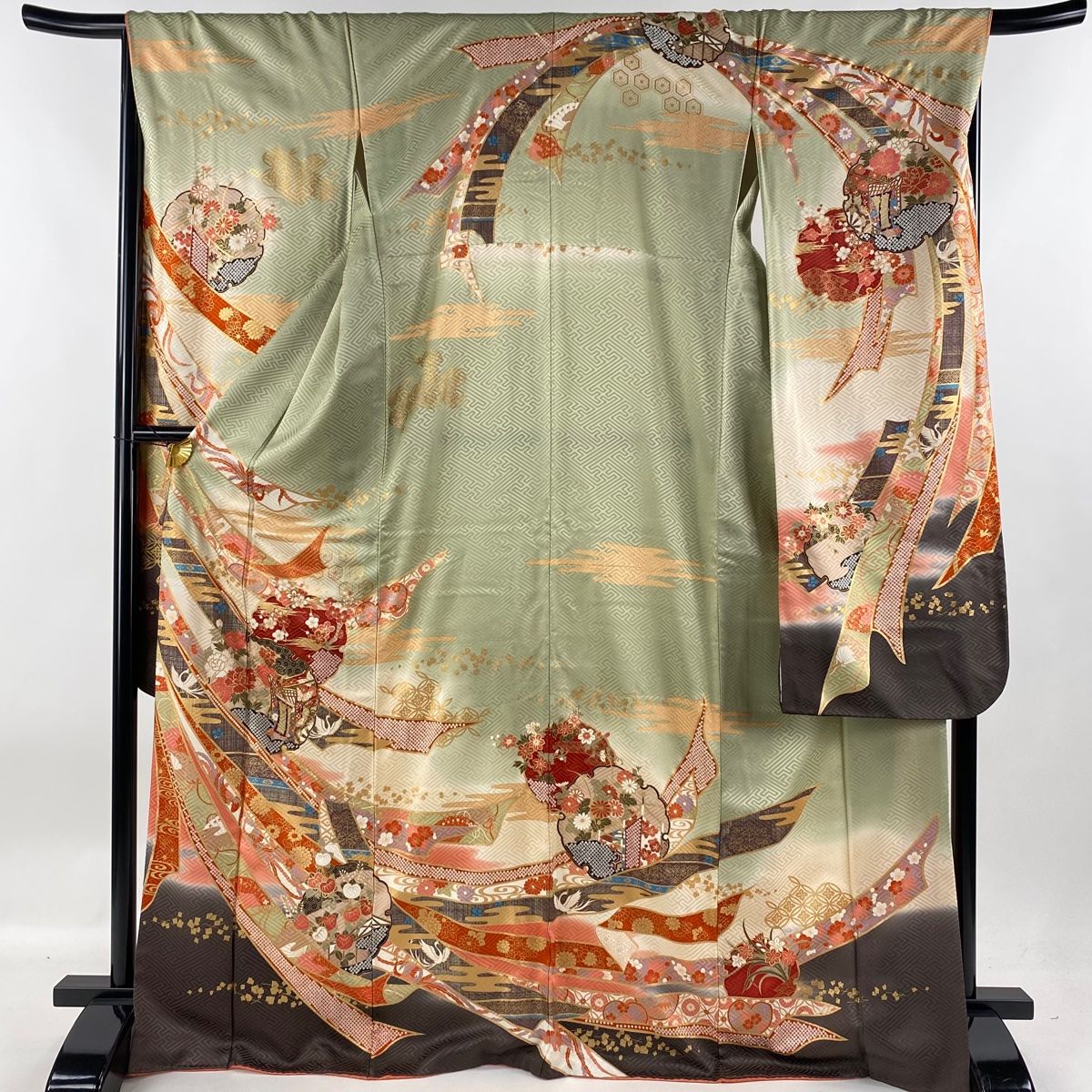 振袖 身丈170.5cm 裄丈68.5cm L 袷 雪輪 熨斗 金糸 金彩 薄緑 正絹 名品