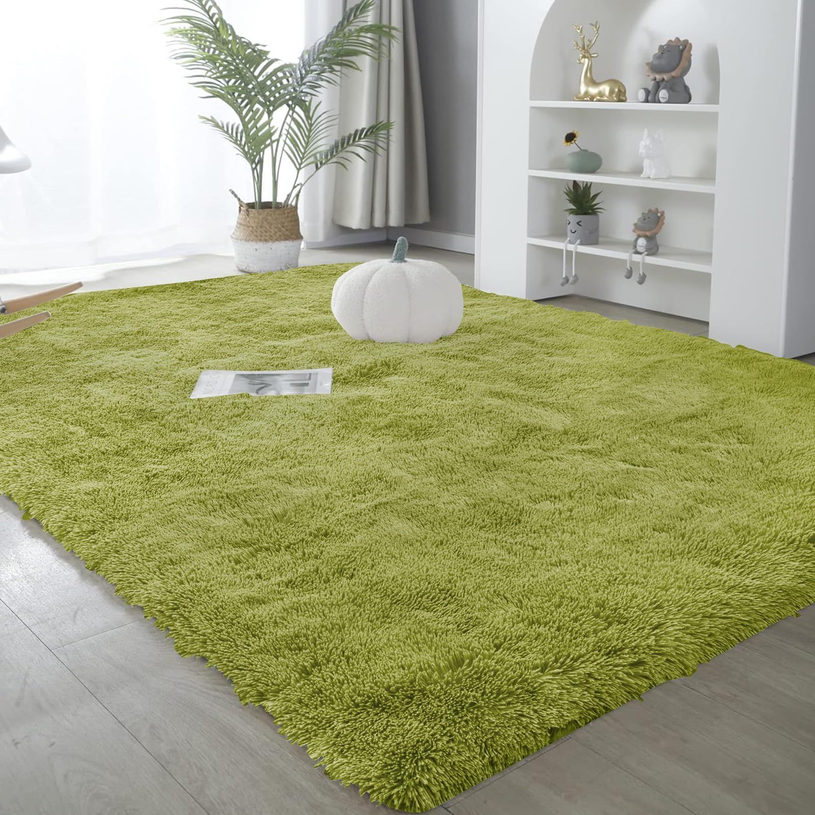【数量限定】ROCYJULIN（200x250cm 長方形 オールシーズン快適に使用 防音絨毯 グリーン） ふわっとした手触り 極厚毛足約4cm 滑り止め付き 洗えるラグ 全厚約5cm おしゃれな北欧風シャギーラグ カーペット ラグマット