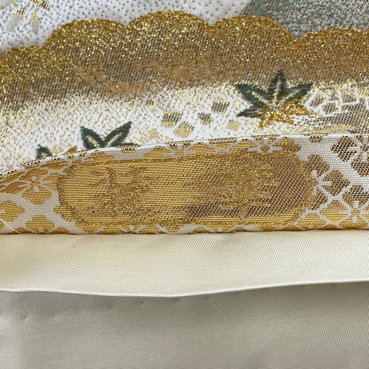 美品！銀×ピンク 桜 梅 菊 楓 藤の花 華づくし 正絹 袋帯 二重太鼓 作り帯 美品！銀×ピンク 桜 梅 菊 楓 藤の花 華づくし 正絹 袋帯 二重