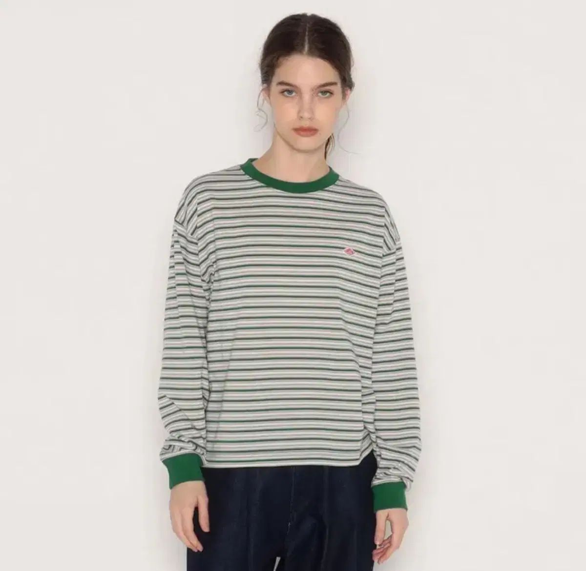 Danton ダントン ロング スリーブ Tシャツ レディース M 緑 x グレー ストライプ