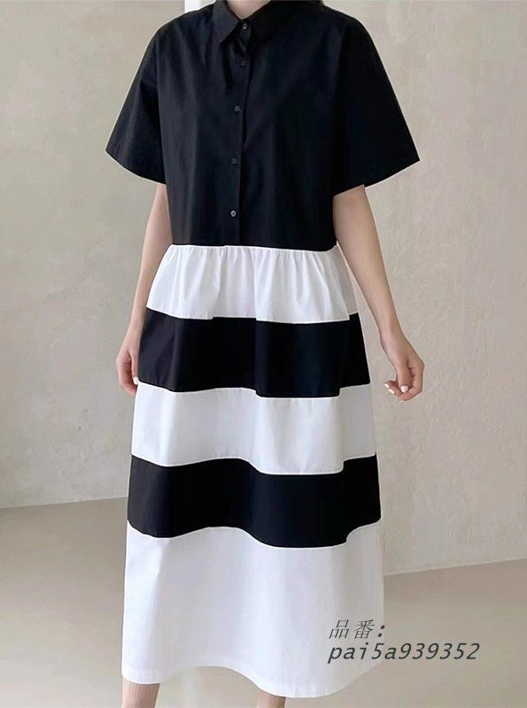 襟付きワンピース ロング ワンピース 春 カジュアル レディース ゆったり ドッキングワンピース ワンピース ワンピース シンプル ボーダー 夏 半袖 pai5a939352