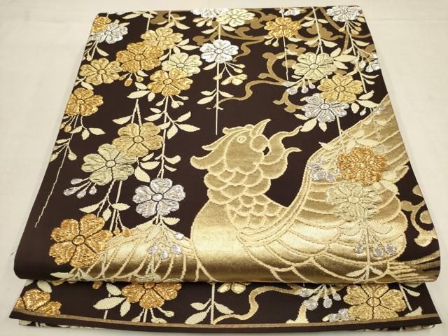 袋帯 花に鳥模様 正絹 洒落袋帯 紹巴織り ベージュ色xピンク色 六通柄