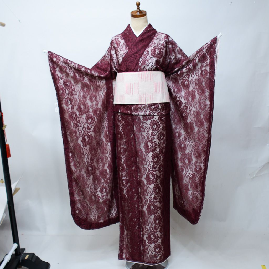 振袖 レース振袖 着物 単品 合繊 仕立て上がり 総レース ワインレッド 成人式 結婚式 結納 NO42640