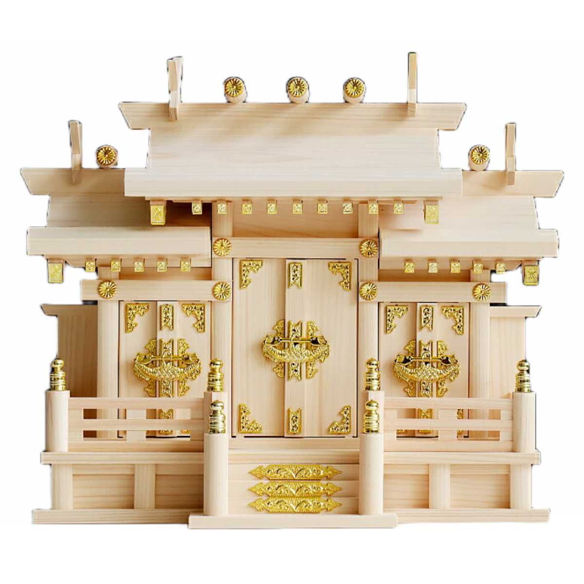 神棚 屋根違い 三社 特小 神殿 宮形 桧 檜 神具 神明造り 三社宮 袖付き 白木造り お札入れ お供え お札 御神札 新築 お正月 神札 御札立て ひのき 天然木 置き型 祀る 小さめ コンパクト SKLAD-KIRPICHA_RU