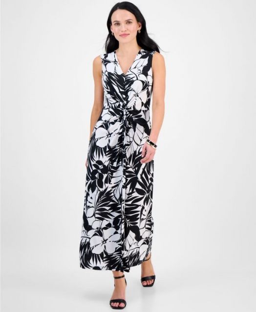 【送料無料】 コネクテッド レディース ワンピース トップス Petite Printed V-Neck Sleeveless Dress Black